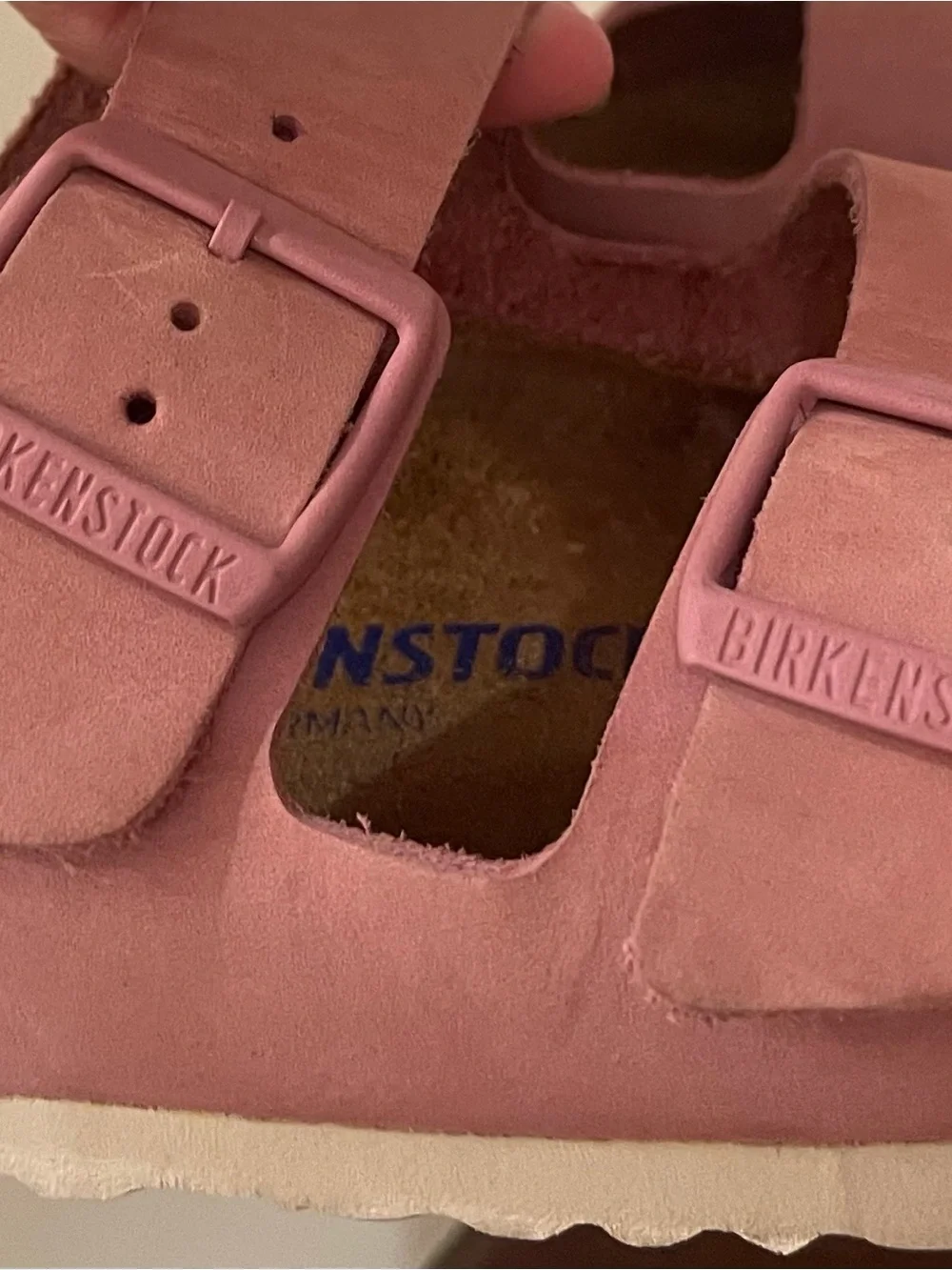 Birkenstock Arizona Pink Leather Two-Strap Buckle Sandals